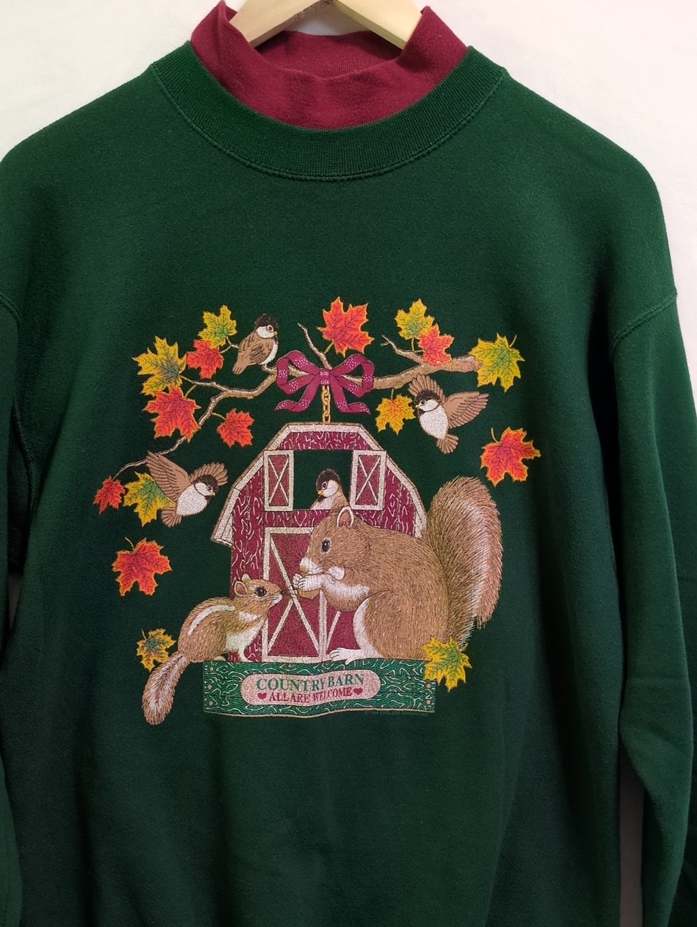 Vintage 90s Pleasant Shade Fall Squirrel Double Collar Sweatshirt Green Medium